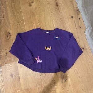 Purple Cropped Sweatshirt with Mardi Gras Masks Patches